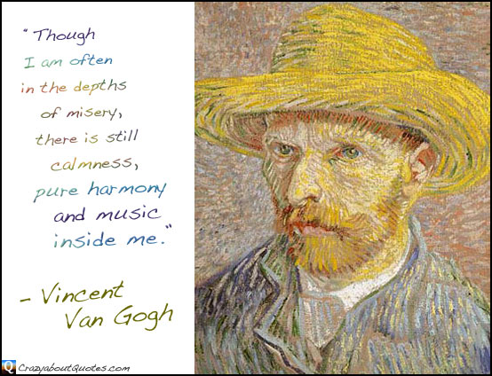 Self-portrait with straw hat and Vincent Van Gogh quote.