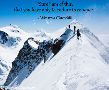 Climbers conquering snow covered mountain with Winston Churchill quote