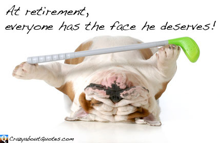 Crumpled face of old dog in with golf club and funny retirement quote.