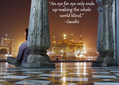 Temple in Amritsar with Gandhi quote.