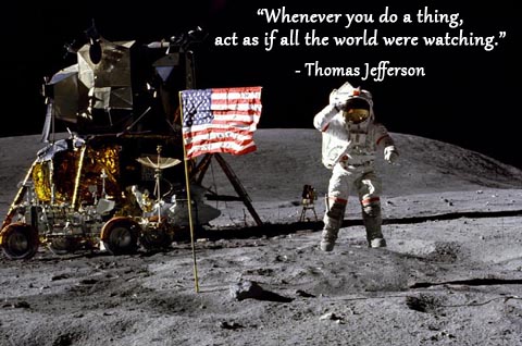 Astronaut and American flag on moon surface with Thomas Jefferson quote. 