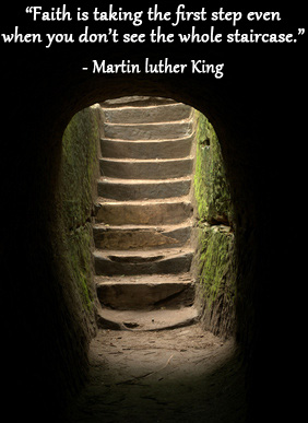 Light shining on staircase in tunnel with Martin Luther King quote.