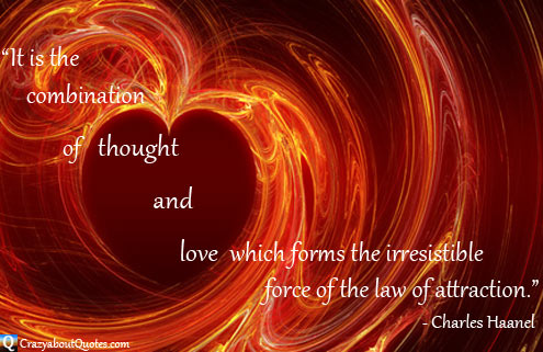 Heart engulfed in whirls of fire with law of attraction quote.