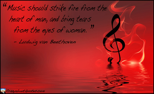 Musical note in red fire water with quote about music.