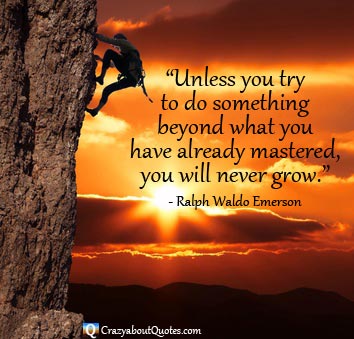 Rock climber at sunset with Ralph Waldo Emerson quote. 