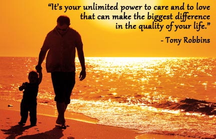 Father and son on beach at sunset with Tony Robbins quote