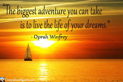 Yacht sailing at sunrise with Oprah Winfrey quote about dreams.