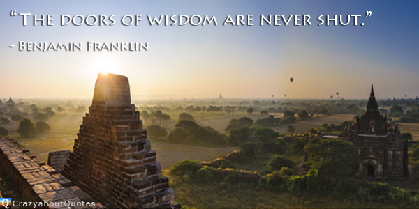 Temples and monasteries in Bagan, Burma with quote of the day about wisdom.