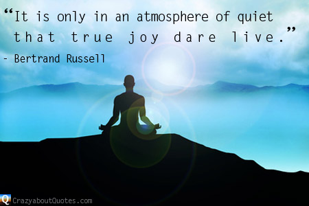 Man in meditation pose amongst mountains with Bertrand Russell quote about joy.