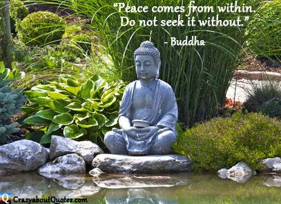 Peaceful garden and pond with Buddha quote