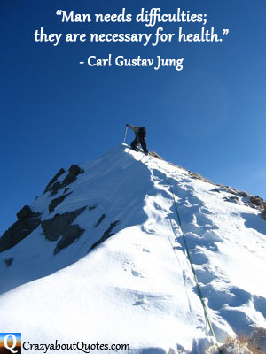 Man climbing snow capped mountain with Carl Jung quote.