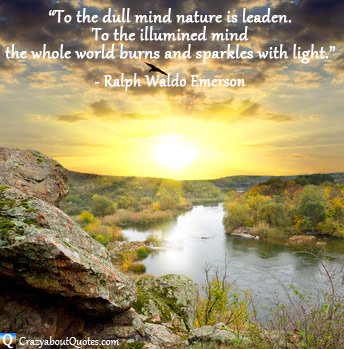 Glowing yellow sunrise over river with Ralph Waldo Emerson quote.