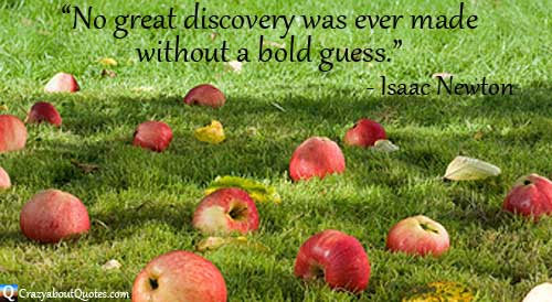 Fallen apples on green grass with Isaac Newton quote.