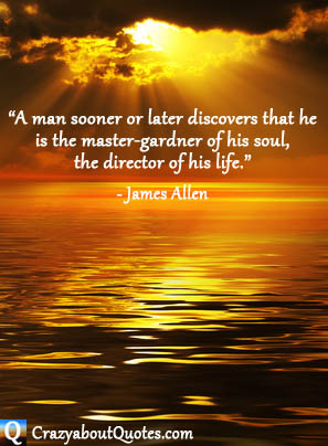 Orange rays of sunlight piercing through clouds with James Allen quote.