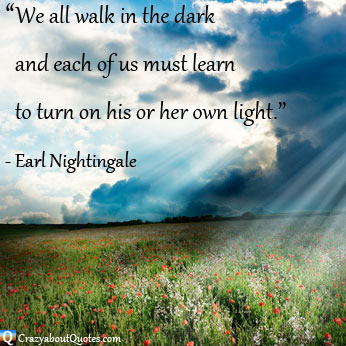 Sunlight shining through dark clouds onto field of flowers with Earl Nightingale quote.