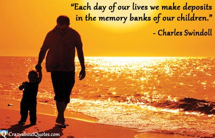 Father and child walking on beach at sunset with quote about children.