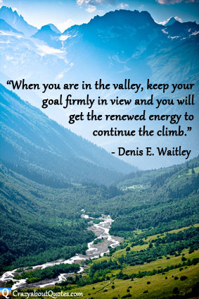 Mountain and valley scene with Denis Waitley quote about goals.
